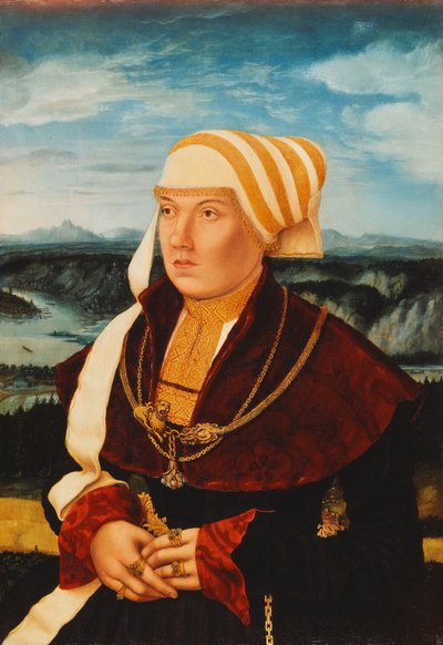 1533年，多萝西娅·冯·斯特拉伦堡（Dorothea von Stralenburg）的肖像，三分之二，长四分之三，穿着红色和黑色礼服，配以金饰，1533年 作者 康拉德·法伯·冯·克罗伊茨纳赫