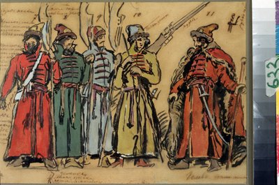 莫德斯特-穆索尔斯基（1839-1881 年）歌剧《科万什金娜或科万斯基王子》的服装设计（穆索尔斯基歌剧《科万什金娜》的服装设计）。Oeuvre de Konstantin Alexeyevich Korovin (Constantin Korovine) (1861-1939), aquarelle, go 作者 康斯坦丁·阿列克谢耶维奇·科罗文