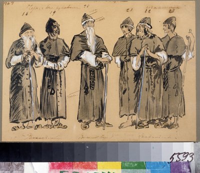 穆索尔斯基（1839-1881 年）歌剧《霍万什金娜》的服装设计。老信徒的服装。康斯坦丁-阿列克谢耶维奇-柯罗文（康斯坦丁-柯罗文）的作品 作者 康斯坦丁·阿列克谢耶维奇·科罗文
