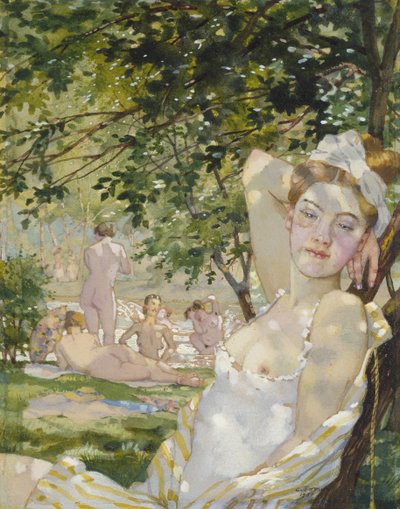 沐浴在阳光下，1930年（水彩和身体彩色纸上） 作者 Konstantin Andreevic Somov