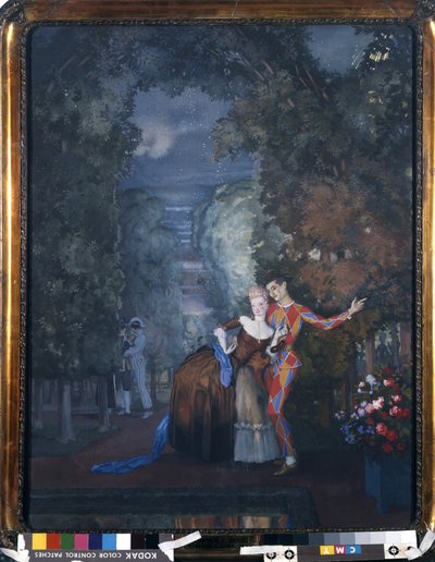Harlequin和一位女士，1912年（纸板上的水粉和水粉） 作者 Konstantin Andreevic Somov
