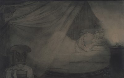 在卧室。普努什金（A. Pushkin）的《 Count Nulin》诗插图 作者 康斯坦丁·安德烈维奇·索莫夫