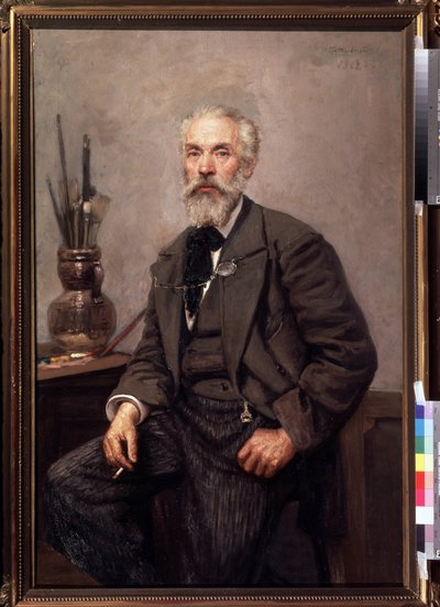 艺术家 K. Savitsky（1844-1905 年）的肖像。尼古拉-卡尔洛维奇-格兰德科夫斯基（1864-1907 年）的画作，布面油画 作者 康斯坦丁·阿波罗诺维奇·萨维茨基