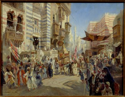 Fete Musulmane : la procession du tapis sacre dans les rues du Caire en Egypte（开罗神圣地毯的移交）--康斯坦丁-叶戈罗维奇-马科夫斯基（康斯坦丁-马科夫斯基）（1839-1915 年）布面油画 作者 康斯坦丁·埃戈罗维奇·马科夫斯基