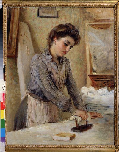 La repasseuse - Femme repassant（熨衣服的女人）。康斯坦丁-叶戈罗维奇-马科夫斯基（Constantin Makovsky）（1839-1915 年）的绘画，纸上水彩，1900 年。俄罗斯艺术，19 世纪末至 20 世纪初。国家露天博物馆，罗斯托夫克里姆林宫，罗斯托夫（俄罗斯） 作者 康斯坦丁·埃戈罗维奇·马科夫斯基