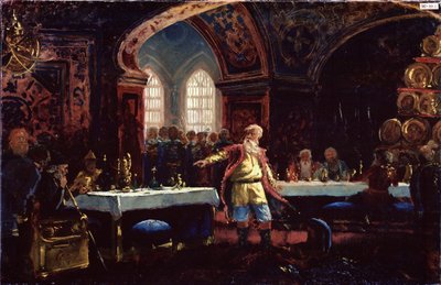 米哈伊尔-列普宁伯爵（？）在伊凡雷帝的宴会上（1530-1584 年）。(米哈伊尔-雷普宁伯爵在伊凡雷帝宴会上）。列普宁站在餐桌中央，谴责沙皇的政策。康斯坦丁-叶戈罗维奇-马科夫斯基（Constantin Mak 作者 康斯坦丁·埃戈罗维奇·马科夫斯基
