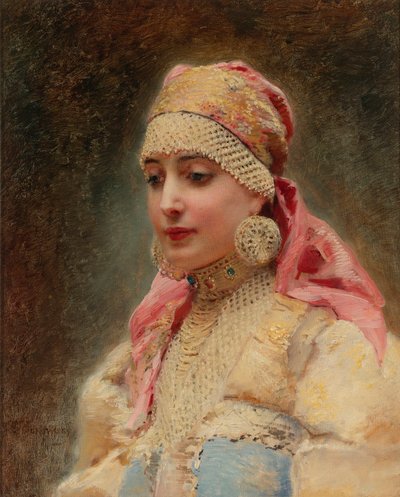 "" 博亚尔女性肖像 "" (boiard, boiar) - 康斯坦丁·叶戈罗维奇·马科夫斯基 (Constantin Makovsky) (1839-1915) 作画，布面油画，大约 1890 年 -（博亚尔的妻子，布面油画，康斯坦丁·叶戈罗维奇·马科夫斯基） 作者 康斯坦丁·埃戈罗维奇·马科夫斯基