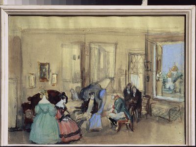 Une scene de la piece de theatre "Le Revizor" de Nicolas Gogol (1809-1852) (尼古拉-果戈理戏剧《审校》中的一个场景) - Oeuvre de Konstantin Ivanovich Rudakov (Constantin Roudakov) (1891-1949), aquarelle et gouache sur papier - Art scenograp 作者 康斯坦丁·伊万诺维奇·鲁达科夫