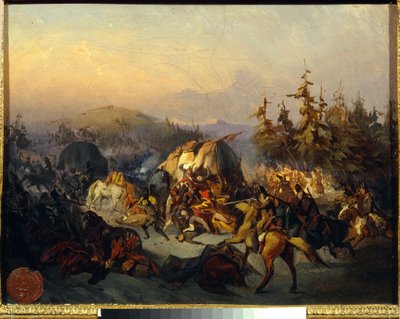 俄罗斯哥萨克袭击过境的法国军队，1812 年莫斯科战役（博罗季诺战役）的插曲 - 康斯坦丁-尼古拉耶维奇-菲利波夫（1830-1878 年）的绘画，布面油画，30x38 厘米 - 俄罗斯哥萨克袭击过境的法国军队 作者 康斯坦丁·尼古拉耶维奇·菲利波夫