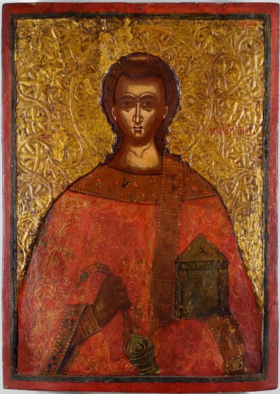 圣洛朗（圣劳伦斯）--康斯坦丁诺斯-阿德里亚诺波利蒂斯（17 世纪活跃）的圣像，木板上的钢笔画 作者 康斯坦丁斯肾上腺皮质炎