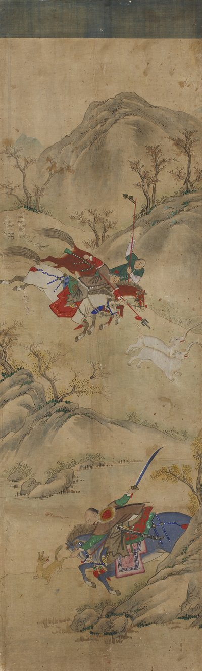 狩猎场景（3名骑着兔子和神话动物的人）（wc在纸上） 作者 韩国学校