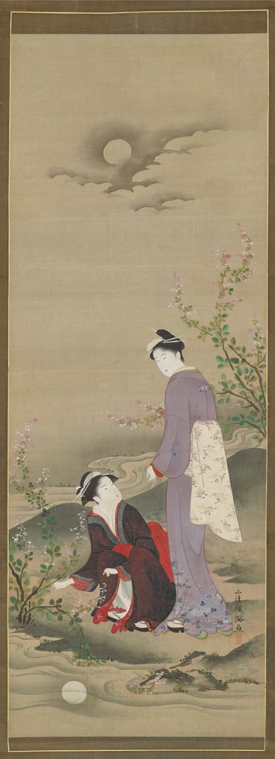 秋天：两个女人凝视着月亮的倒影，19世纪初。 作者 久保顺曼