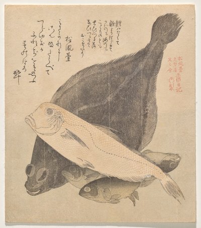 比目鱼、瓦鱼和三条鲫鱼，选自《土佐日记》系列 (Tosa nikki) 作者 久保顺曼