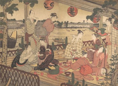两个年轻人和几个女人在隅田川岸边的茶馆用餐，约1788年。 作者 久保顺曼