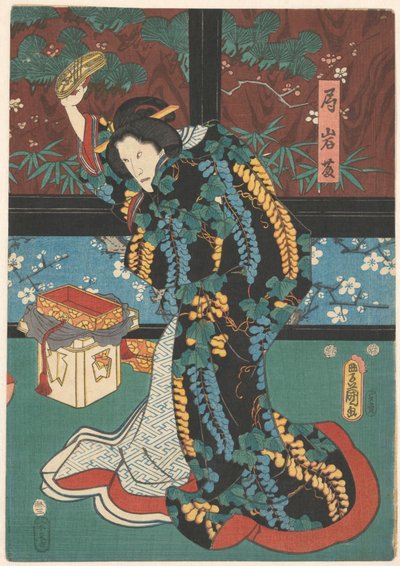 话剧《镜山》场景
Hofdame Iwafuji met sandaal in haar hand 作者 国定（一）、歌川