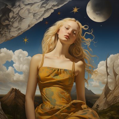 35岁萨米族女子，月牙形，神秘微笑，脸和身体微微侧向，金色长发4 作者 Kurt Heppke