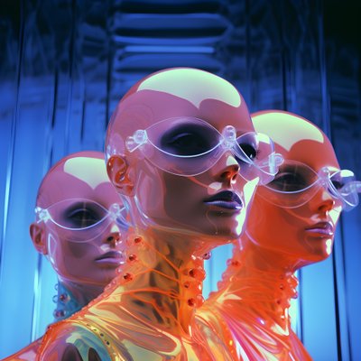 6 名女性，戴着 3D 参数化荧光塑料面具，处于超现实和参数化的未来建筑中，1 作者 Kurt Heppke