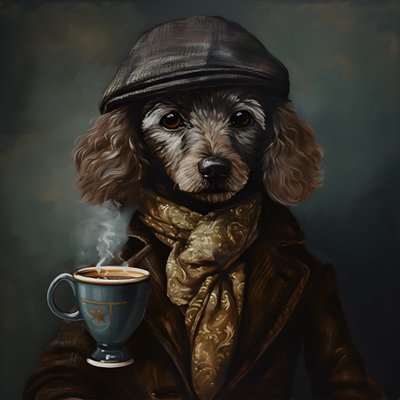 一只有文化的贵宾犬喝一杯茶，穿着高领毛衣和平帽，烟熏背景1 作者 Kurt Heppke