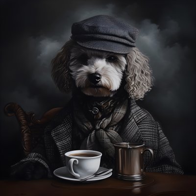 一只精致的贵宾犬正在喝茶，身穿高领毛衣，头戴平顶帽，烟熏背景 2 作者 Kurt Heppke