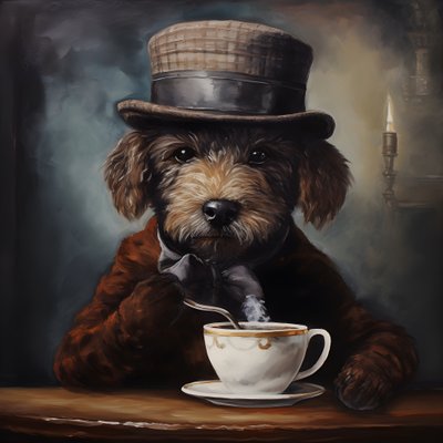 一只精致的贵宾犬正在喝茶，身穿高领毛衣，头戴平顶帽，烟熏背景 4 作者 Kurt Heppke