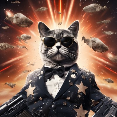 一只身穿黑白圆点衬衫、戴着闪亮墨镜的猫的电影海报，背景是爆炸和大炮 4 作者 Kurt Heppke