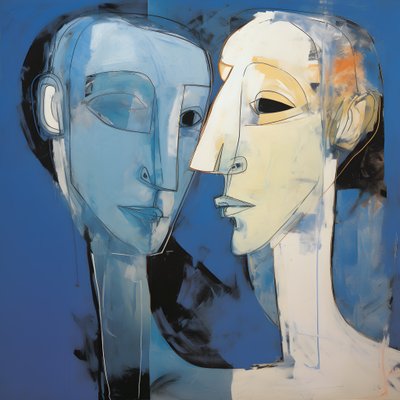 Gemaelde von zwei Koepfen vor blauem Hintergrund 1 作者 Kurt Heppke