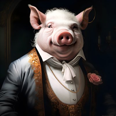Kalter und herrschsuechtiger anthropomorpher Schweineplantagenbesitzer, stechende Augen, fetter molliger Koerper, Zigarre in der Hand, exquisiter schicker suedlaendischer weißer Anzug und Weste, Taschenuhr an einer Kette, Monokel, weißer Filzhut,  Nahaufna 作者 Kurt Heppke