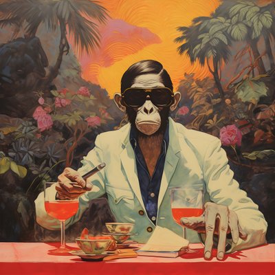 热带风景中一只穿着日本和服、戴着墨镜的酷猴子的特写镜头 1 作者 Kurt Heppke