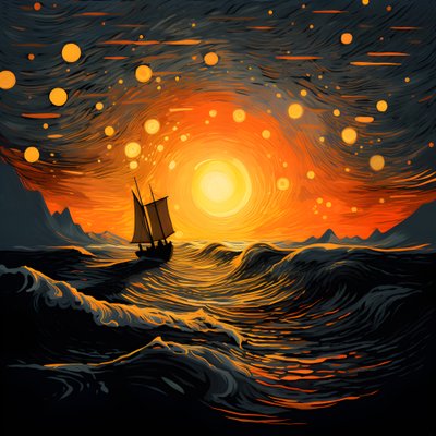 夕阳，橙黄色的太阳，云彩，大天空中五个旋转的云圈，针尖的波浪和橙黄色的晚霞倒映在海浪上，一艘船出海1 作者 Kurt Heppke