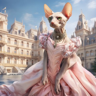 以富丽堂皇的中世纪风格宫殿为背景，身着舞会礼服的斯芬克斯猫 2 作者 Kurt Heppke