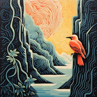 极简插画：一只色彩斑斓的热带鸟儿坐在一棵枝繁叶茂的植物上，前方是一条山涧，瀑布美不胜收 2 作者 库尔特赫普克