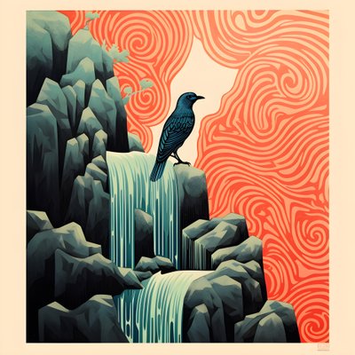 超简约的插图，一只色彩缤纷的热带鸟坐在山涧前的枝状植物上，有美丽的瀑布 3 作者 库尔特赫普克