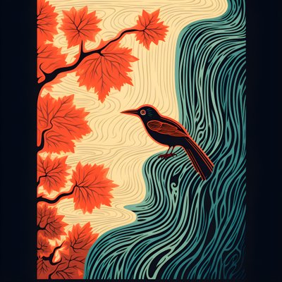 极简插画：一只色彩斑斓的热带鸟儿坐在一棵枝繁叶茂的植物上，前方是一条山涧，瀑布美不胜收 4 作者 Kurt Heppke