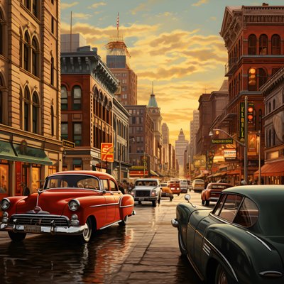 50年代的城市，有红色汽车4 作者 Kurt Heppke