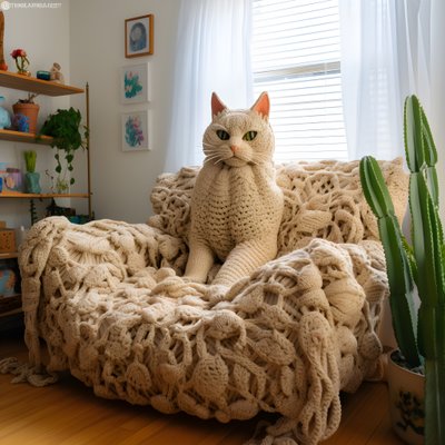 现实客厅里的一只巨大的钩针猫 3 作者 Kurt Heppke