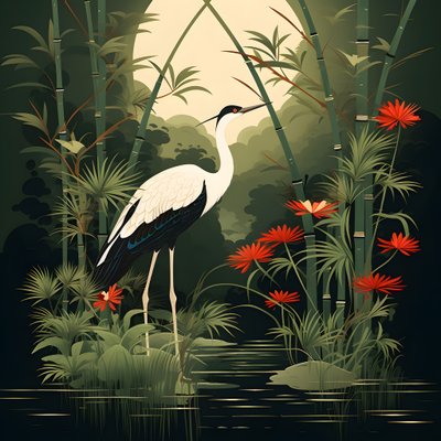 鹤与竹的精美日本插图 1 作者 Kurt Heppke