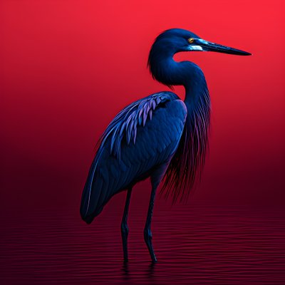 合成波数码美术作品，红色纸张上的异国情调钴蓝色白鹭 3 作者 Kurt Heppke