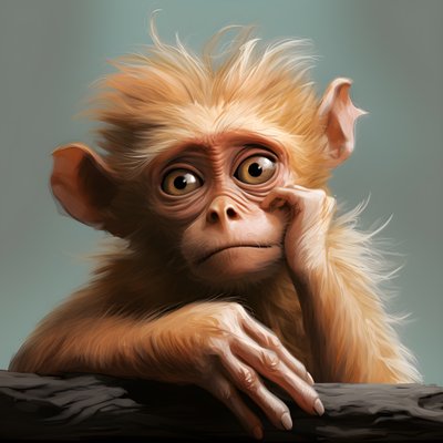 这是一幅乔伊猴的画，眼睛采用情感超现实的人物研究风格，彩色，沉思的姿势，topcor 58mm f/1.4，漫画般的插图，#vfxfriday，日光大师 2 作者 Kurt Heppke