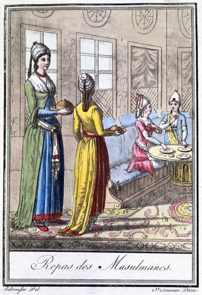 穆斯林妇女的膳食 - 在 J. Grasset St Sauveur 编着的“旅行百科全书”中。 德罗伊, 巴黎 作者 LF Labrousse