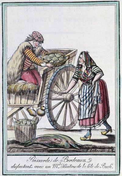 Poissarde de Bordeaux disputing with an oyster merchant from the head of Buch - in “” Encyclopedia of travels”” by J. Grasset St Sauveur, Deron, Paris 作者 LF Labrousse