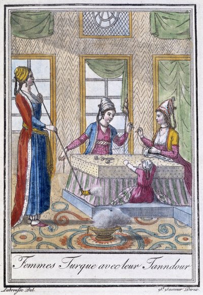 土耳其妇女与她们的 Tanndour - 在 J. Grasset St Sauveur 编着的“Encyclopédie des voyages”中。 德罗伊, 巴黎 作者 LF Labrousse