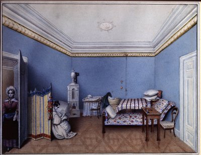 "卧室里 "水彩画，作者 L. Hern（19 世纪），1835 A.圣彼得堡普希金纪念博物馆 作者 赫恩