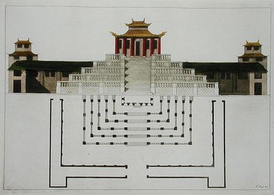道教庙宇和亭子的平面图，板块10来自朱尔斯-费拉里奥的《古今服饰》，大约在19世纪20-30年代出版（彩色平印）。 作者 L. Rossi