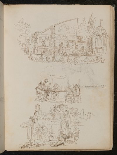 一个花园和洗衣房，上面有女性人物，上面刻着“ Genoese Well”，对四个人物的研究中，“晚餐时写着“ Manenti的家人” 作者 巴特勒夫人