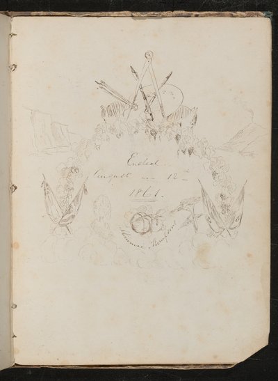 在题为“ 1861年8月12日结束”周围的徽章形成中研究艺术家的材料，蝴蝶，花朵，旗帜，悬崖的脸和花环 作者 巴特勒夫人