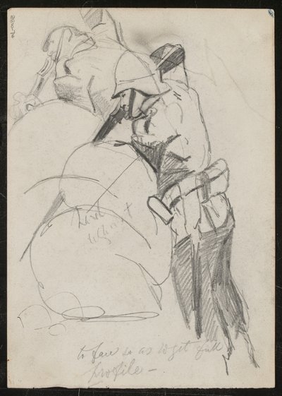 两名士兵在沙袋上向下射击，刻有“要面对的轮廓”，1879年 作者 巴特勒夫人