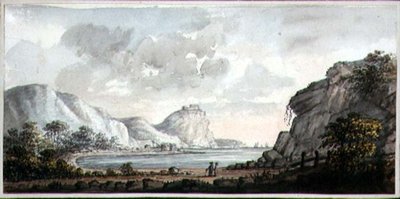 俯瞰海湾的风景与两个人物，约1825年（纸上水彩画） 作者 埃格顿夫人