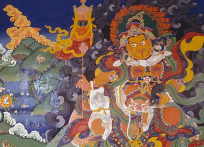印度查谟和克什米尔邦拉达克地区喜马拉雅山拉马尤鲁佛教寺院（Lamayuru Gompa）描绘彩色神灵的壁画。 作者 莱拉（当代艺术家）沙瓦