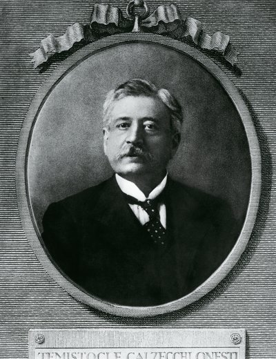 意大利物理学家和发明家Temistocle Calzecchi Onesti（1853-1922）的肖像，照片后的蚀刻画 作者 莱拉（当代艺术家）沙瓦