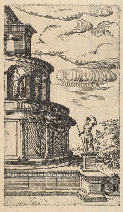 建筑物[Sepulchrum Adriani]的局部视图，来自 "Ruinarum variarum fabrica... "系列，1554。 作者 兰伯特·苏维乌斯